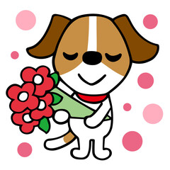 ジャックラッセルテリア犬　花束で感謝の気持ちを伝える