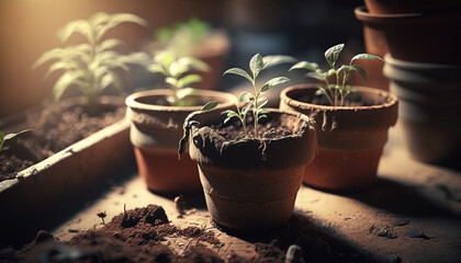 Spring Seedlings Growing in Terra Cotta Pots with Soil, Natural Sunlight Through the Windows, Green Plants at Golden Hour - Generative AI