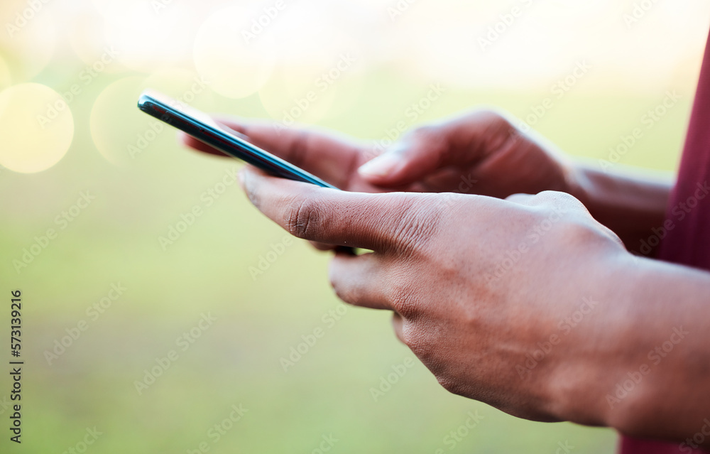 Poster hands, phone and communication on mockup for social media, texting or chatting in the outdoors. hand