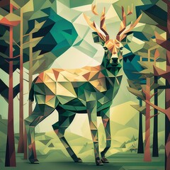 Colorful cubism illustration of deer in forest. Made with Generative AI.