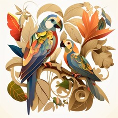 Colorful cubism illustration of parrots on tree branch.  Made with Generative AI.