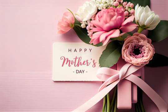 bouquet of pink roses and Mother's Day card , Generative Ai