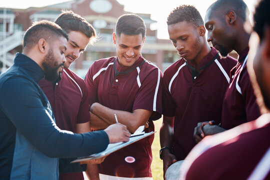 Rugby team, people and coaching for field strategy, checklist and training progress, teamwork and planning game. Leadership man talking to sports men or athlete group for workout or competition goals - Powered by Adobe