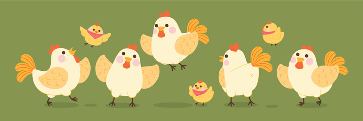 Cute Hen And Little Chicken Character, Vector, Illustration