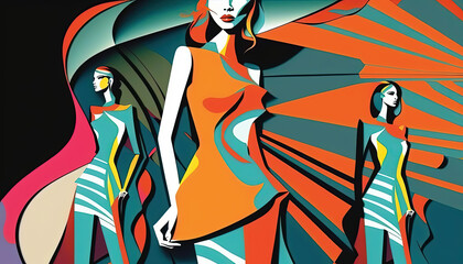 Abstract Fashion Vector Illustration, Set of Women Dressed in Stylish Trendy Clothes