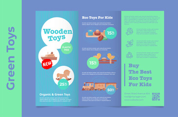 Fototapeta premium Eco friendly kids toys green organic wooden playthings flyer folded booklet template vector