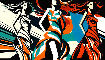 Fototapeta na wymiar Abstract Fashion Vector Illustration, Set of Women Dressed in Stylish Trendy Clothes