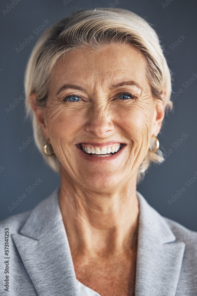 Sticker Pride, corporate and professional portrait of woman isolated on a grey studio background. Business, success and face of a mature, confident and executive ceo of a company with experience on backdrop