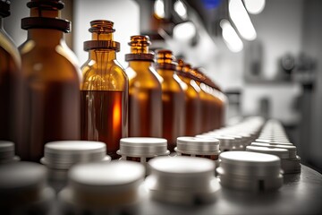 Close-up of brown bottles in pharma lab. Photo generative AI