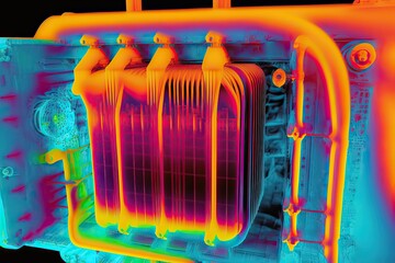 Thermal image of electrical transformer. Colors show temps, rainbow Celsius scale on right. Temp on top left is cursor point. Photo generative AI - obrazy, fototapety, plakaty