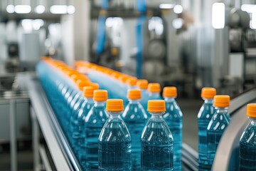 Water bottling line - Process & bottle carbonated water into bottles. Photo generative AI