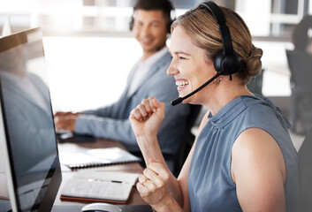 Customer service computer, consulting or happy woman celebrate telemarketing on contact us CRM or...