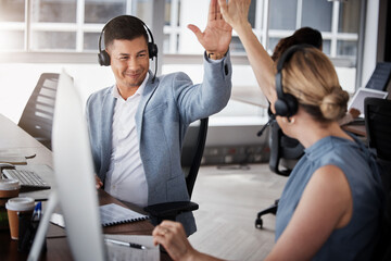 Customer support high five, consulting and happy people celebrate telemarketing on contact us CRM...