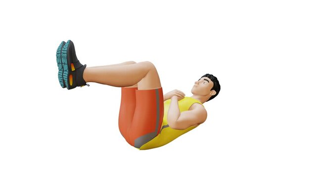 Animated character doing Knee Tuck Crunches. Knee tuck Crunch exercise in 3d animation and illustration. Perfect for fitness themed productions, health products, diet plans, weight loss. 3d Render