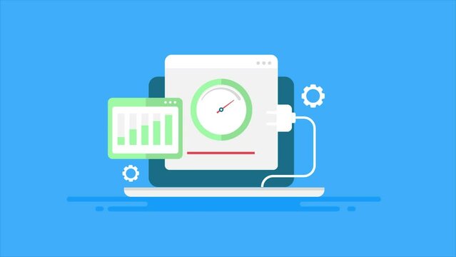 Web application testing on laptop, website software plugin examine report on digital interface. 2d animation conceptual video clip.