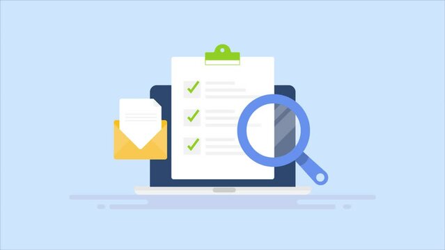 Business checklist on laptop screen, online survey make a choice option remark conceptual 2d animation.