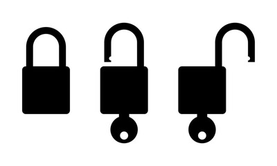 Black vintage padlock key lock and unlock icon on white background flat vector design