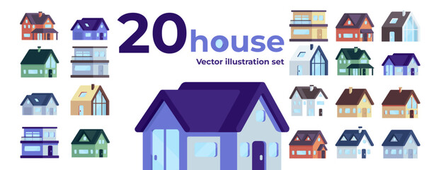 Modern vector house illustration. 20 House illustration big set. Detailed flat vector illustration.
