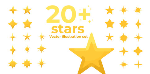 20+ Vector stars icon isolated on white background. Twinkling stars. Cartoon stars illustration. Minimalist icons for game, landscapes, ui and more.