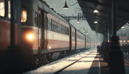 Naklejka na ściany i meble train stop at railway station in a heavy snow day, generative Ai