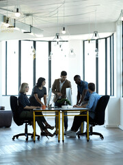 Business people, meeting and team collaboration for corporate strategy in boardroom or conference...