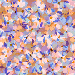 Spring delicate floral layered seamless pattern of transparent multicolor flowers and leaves