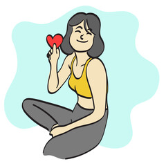 line art woman insportswear holding red heart shape paper illustration vector hand drawn isolated on white background
