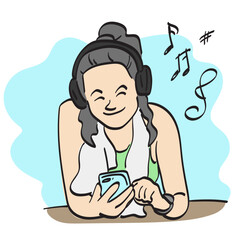 line art woman in sportswear using smartphone and headphone illustration vector hand drawn isolated on white background