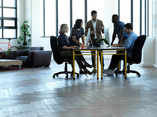 Business people, meeting and mentor training team in office, boardroom or conference table for...