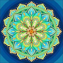 Mandala flower shape with a mix of colors, yellow, orange, green and blue