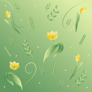 Spring delicate tulips and grass decor. For greetings, frames, invitations, backgrounds, web, postcards, for editing.