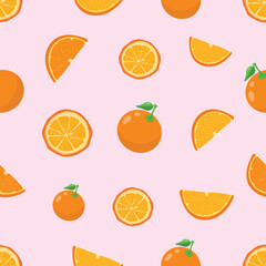 Orange and Leaf, slice lemon seamless pattern with a pink background.