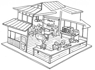 空き家の古民家をリノベーションしたおしゃれなコワーキングスペースのイラスト（線画）