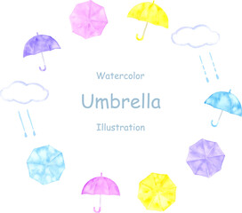 水彩で描いたかわいい傘の円フレーム