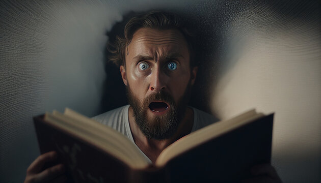 Man shocked and scared after looking inside the book