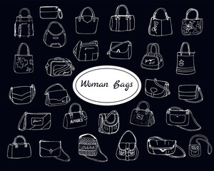 Large vector set of doddle fashion bags, isolated on black background. Illustration with a group of various handbags, purses, and bags.