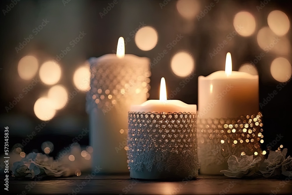 Poster three lit white candles in a vertical closeup with bokeh lighting generative ai