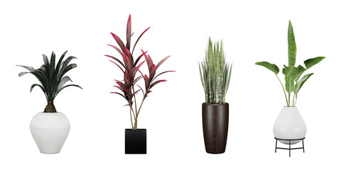 Naklejka na ściany i meble Set of plants in pots isolated, 3d render illustration.