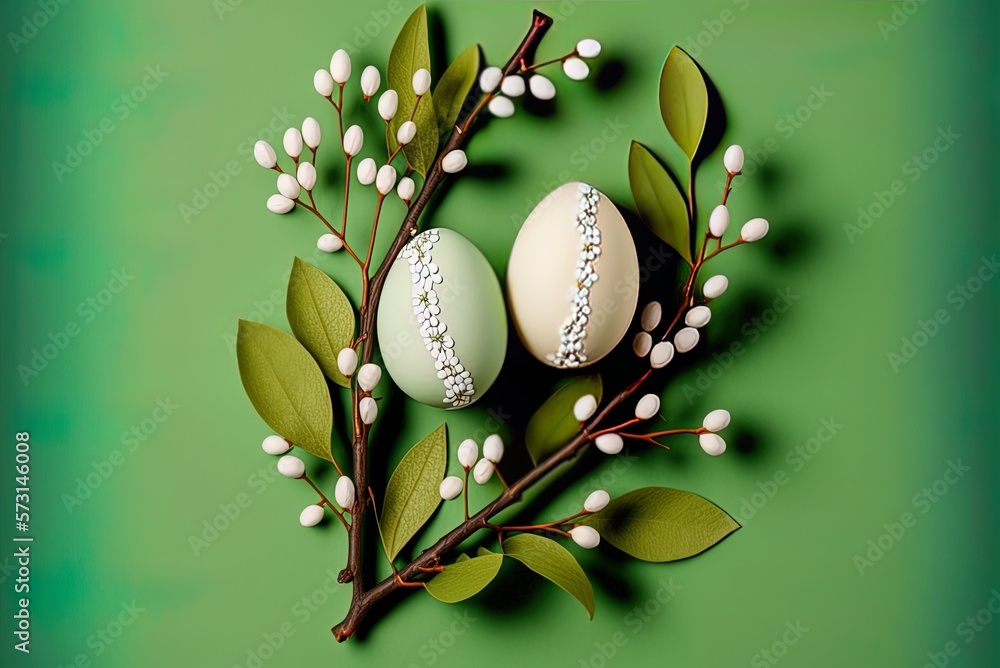 Poster a selective focus image of willow branches and white chicken eggs on a green backdrop. generative ai