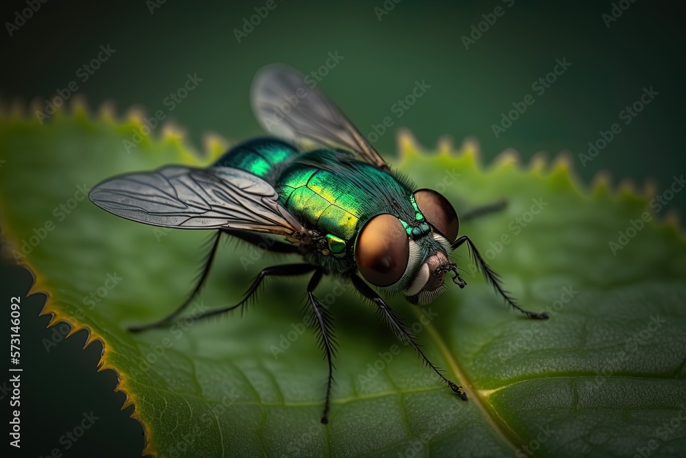 Poster close-up of a green leaf with a huge insect in the focus of a selective focus lens. generative ai