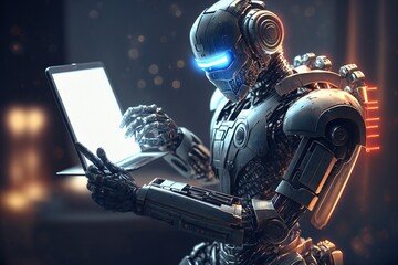 Ai Robot working using tablet. Futuristic Humanoid worker. Generative Ai