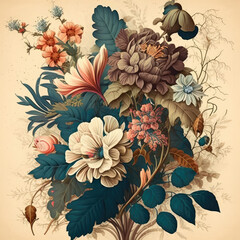 A vintage-inspired wallpaper design featuring a beautiful fantasy botanical motif. The design consists of a bunch of different flowers and botanical elements arranged in a vintage style.