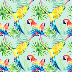 A pattern of macaws parrots. Tropical collage. Watercolor animals. Exotic birds. Yellow-green macaw parrot. Watercolor illustration.