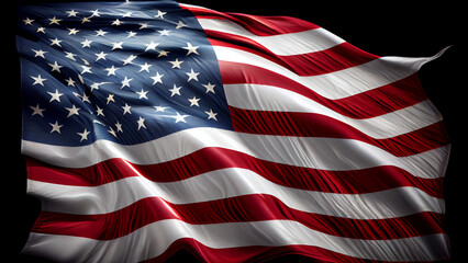 American flag waving in the wind on a dark background. Generative Ai