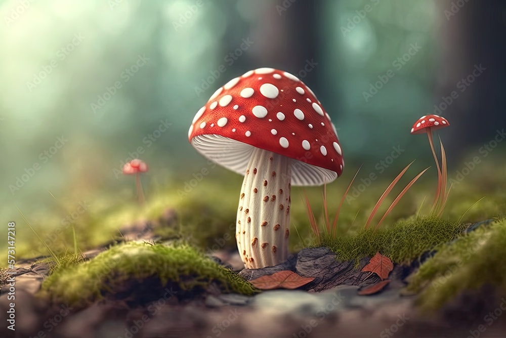 Poster cropped image of a tiny fly agaric mushroom in its natural habitat generative ai