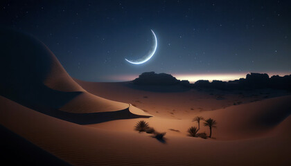 Obraz na płótnie Canvas Desert landscape with crescent moon on dark starry sky. Ramadan eid, Islamic Religion Concept. Generative AI
