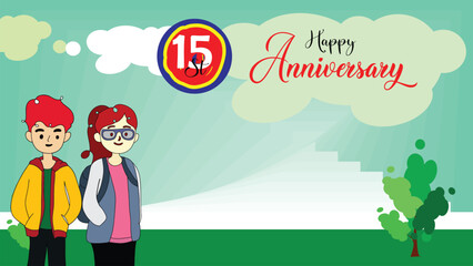 Vector ilustration off happy anniversary greeting cards with cartoon couple. Colorful background and blank space area 