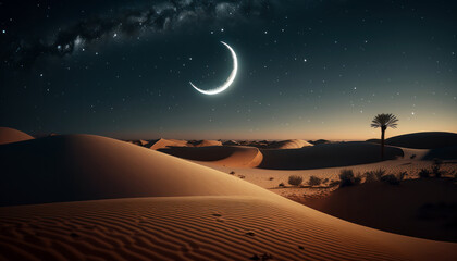 Desert landscape with crescent moon on dark starry sky. Ramadan eid, Islamic Religion Concept. Generative AI