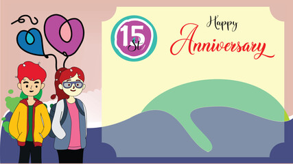 Vector ilustration off happy anniversary greeting cards with cartoon couple. Colorful background and blank space area 