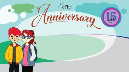 Vector ilustration off happy anniversary greeting cards with cartoon couple. Colorful background and blank space area 